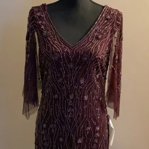 V-Neck Beaded Flutter Sleeve Formal Gown. Mother of the Bride Dress - Picture 3 of 8